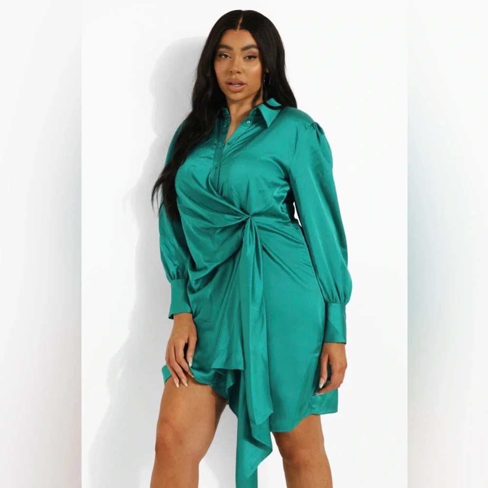Boohoo | PLUS STATEMENT DRAPED SATIN SHIRT DRESS SIZE 24 - Picture 1 of 4